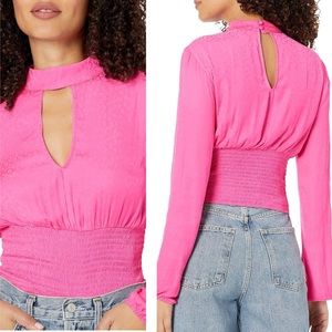 Steve Madden NWT Barbie Pink Glo Animal Print Long Sleeve Smocked Blouse Small